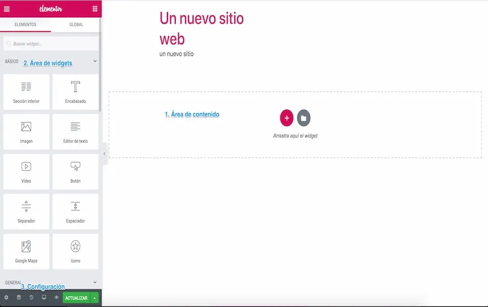 Interfaz de Elementor.